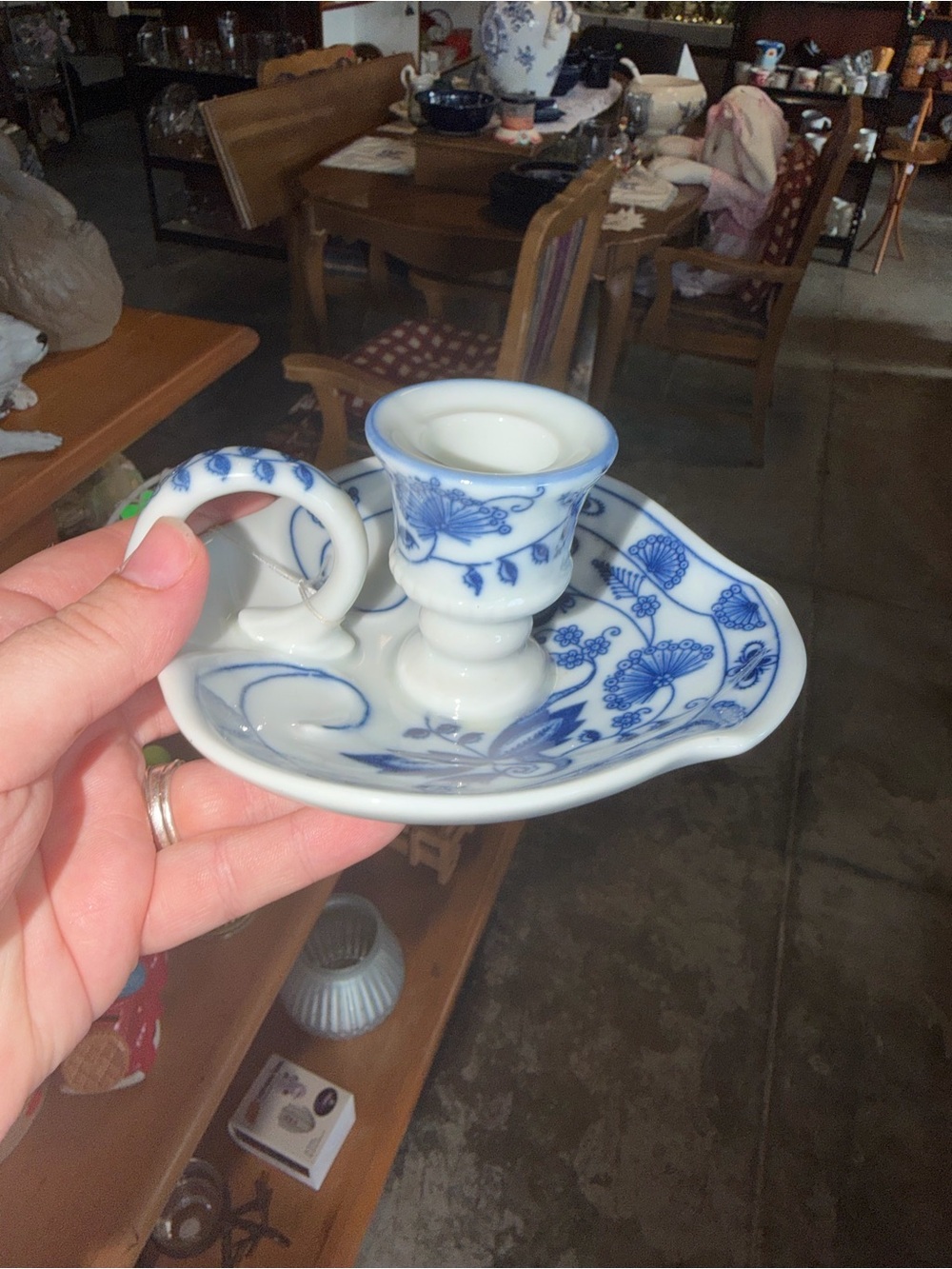 Vintage Brandenburg Blue and White Floral Porcelain Chamberstick Candle Holder